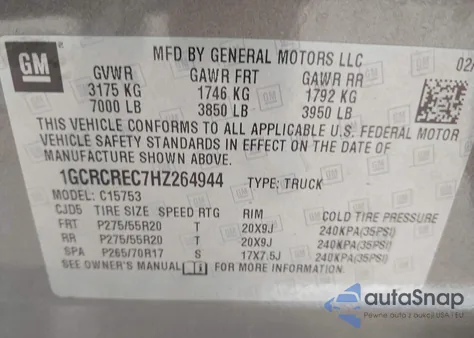 2017 Chevrolet Silverado 1500 1Lt z USA, uszkodzony, nr VIN 1GCRCREC7HZ264944